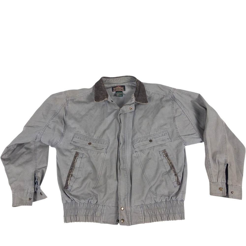 Vintage Bomber Barn Chore Jacket Men S Gray 90s Leather Trim Cotton